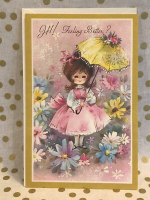 Vintage Greeting Card Get Well Cute Girl with Parasol Unused + Envelope