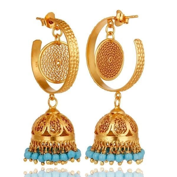 Turquoise 925 Sterling Silver 18K Gold Plated Wedding Jhumka Earrings Jewelry - Image 2 of 2