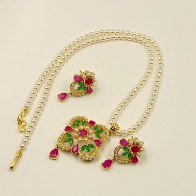 Traditional Indian Emerald Ruby Pearl Pendant Set 22k Gold Plated Festival Gift