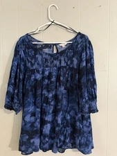 Terra & Sky Boho Top Women 3X Blue Peasant Cottagecore Smocked Balloon Sleeve