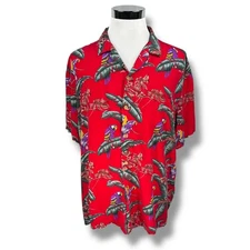 Paradise Found Hawaiian Shirt Mens 2XL  XXL Jungle Bird Red 100% Rayon Magnum PI