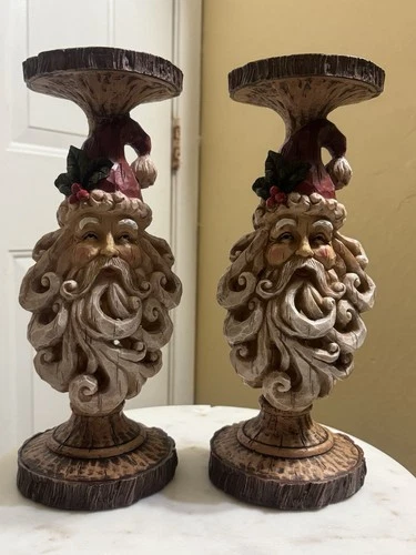 Santa Claus Resin Candle Holders Pair – Faux Carved Wood Look – 12" Tall - product listing photo