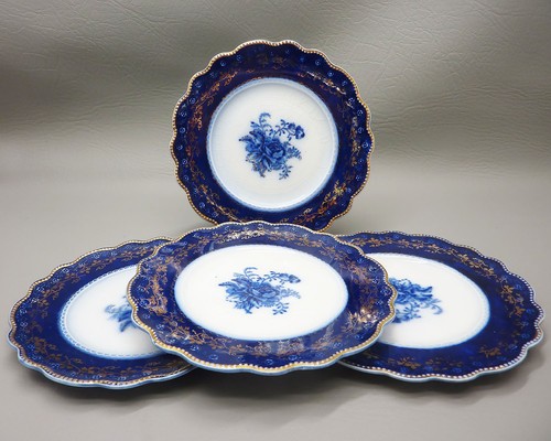 Four Antique (1891-1914) W. H. Grindley Blue Rose Flow Blue 5 7/8" Plates - Picture 1 of 6
