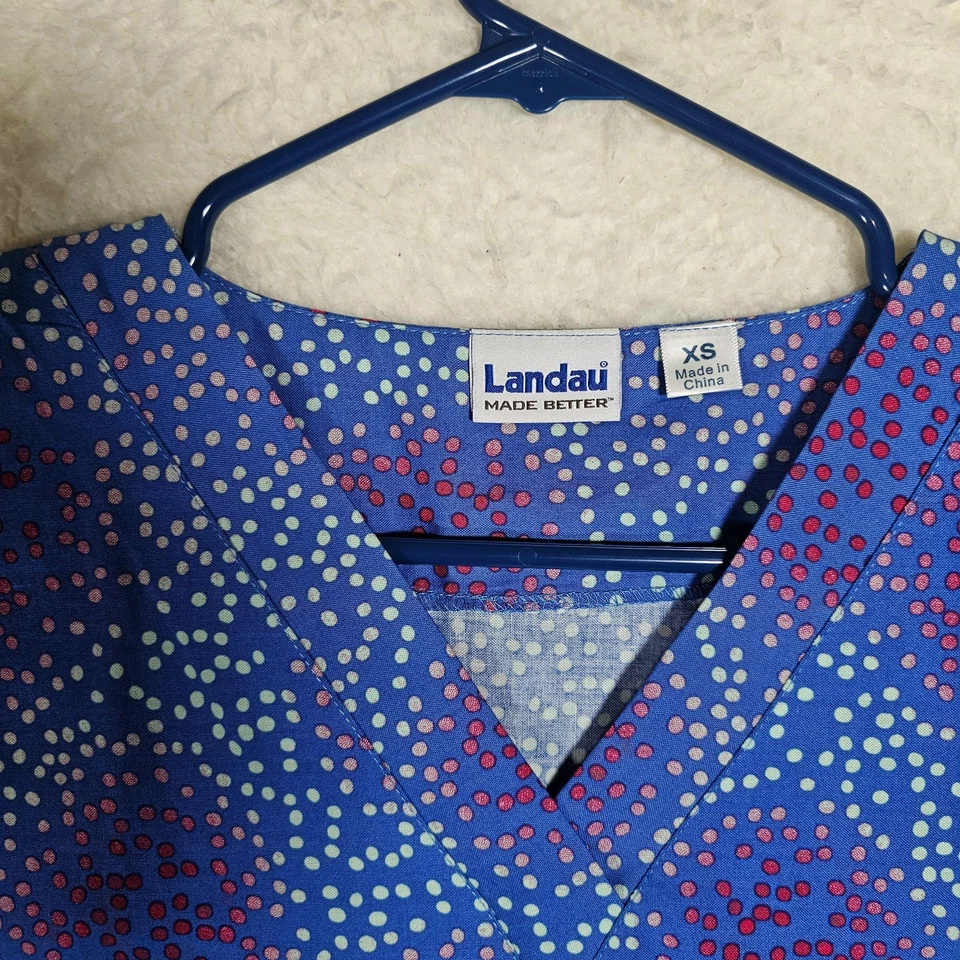 Landau Women's Size XS Floral Print Scrub Top V Neck Blue Red Pockets NEW - Image 3 of 4
