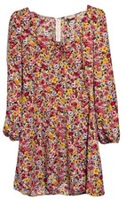 LOFT Womens Dress Cottagecore Red Gold Floral Chiffon A Line Long Sleeve Size 0