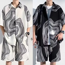 Men's Stylish Ink Printed Summer Set Lapel Shirt and Fashionable Shorts