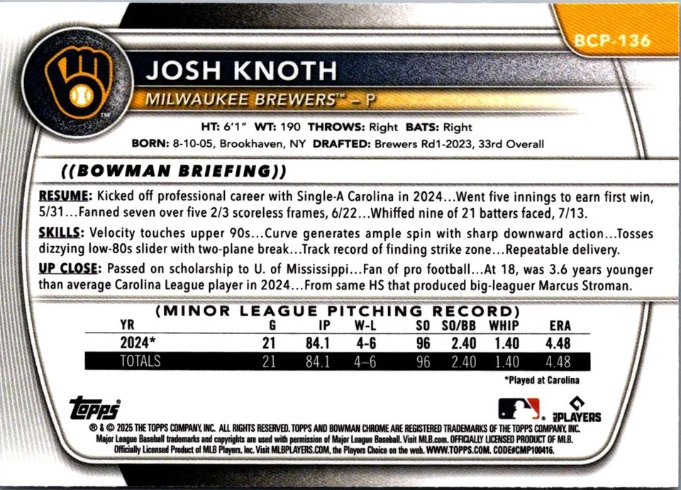 2025 Bowman Chrome Prospects Josh Knoth Milwaukee Brewers #BCP-136 - Image 2 of 2