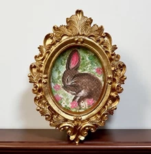 Bunny in flower field watercolor print in miniature vintage style ornate frame