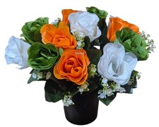 Cemetery Pot with Artificial Rosebud Flowers - Orange White Green
