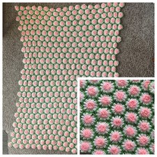 Vtg 3D Floral Handmade Crochet Afghan throw Pink  White Flowers 71x55" cottage