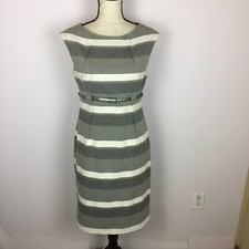 Calvin Klein Mini Sheath Dress Sz 6 Womans Gray White Striped Cap Sleeve Belted