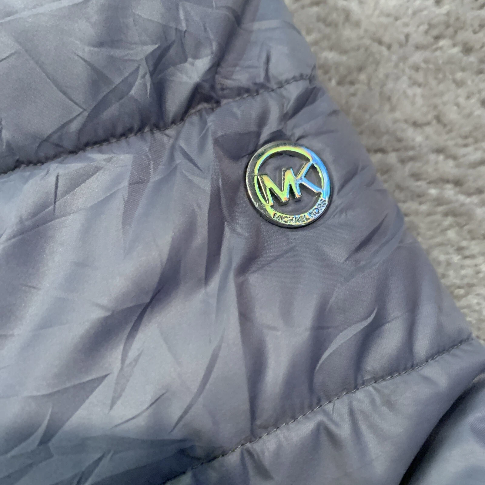 Cappotto imbottito invernale grigio Michael Kors bambina con cappuccio orlo pelliccia sintetica rosa taglia 14