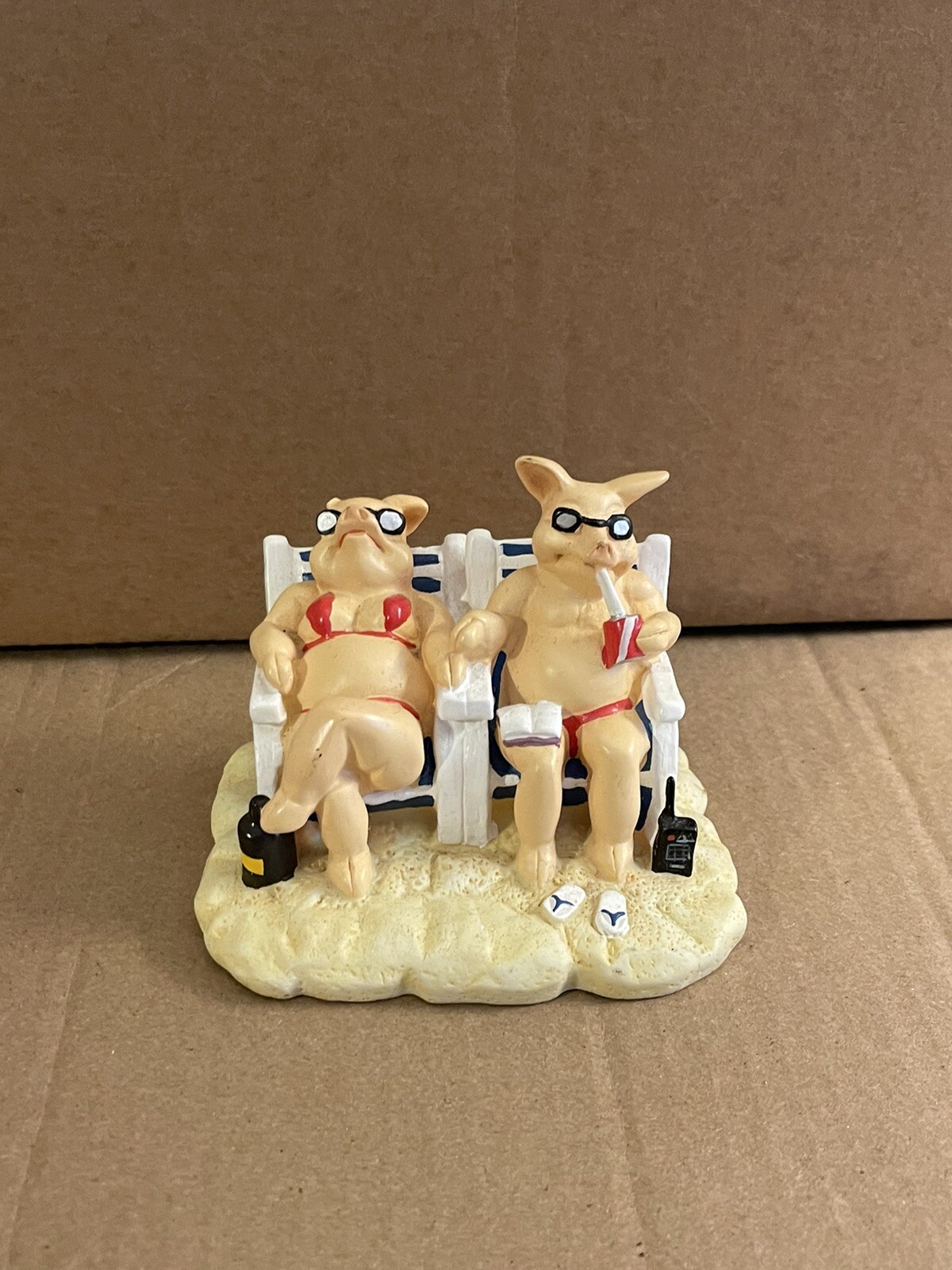 Vintage Pig Figurines - Pigs on the Beach Resin Figures, Chipped Ear