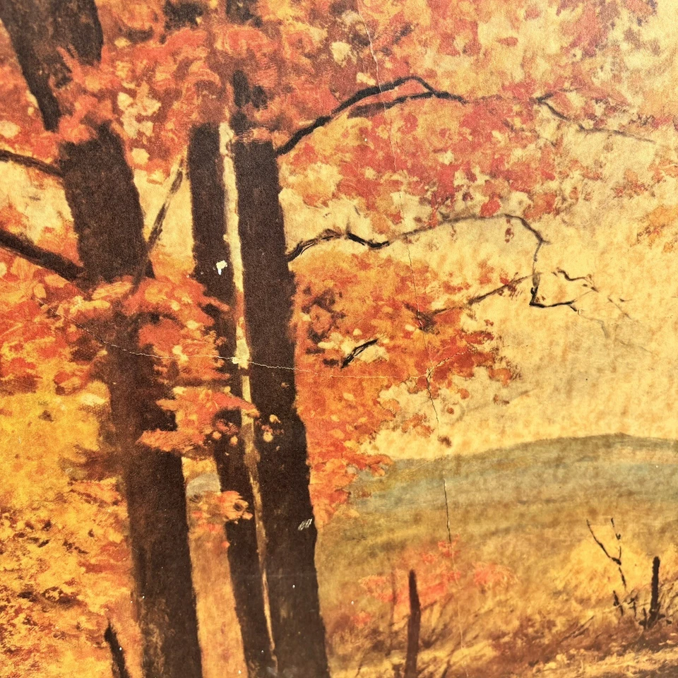 Vtg LARGE Robert Wood October Gold Picture on Gypsum? Wooden Frame Brass Plate - Image 4 of 4