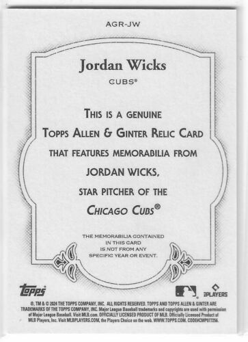 2024 Topps Allen & Ginter Jordan Wicks Relic Card A RC #AGR-JW Cubs - Picture 2 of 2