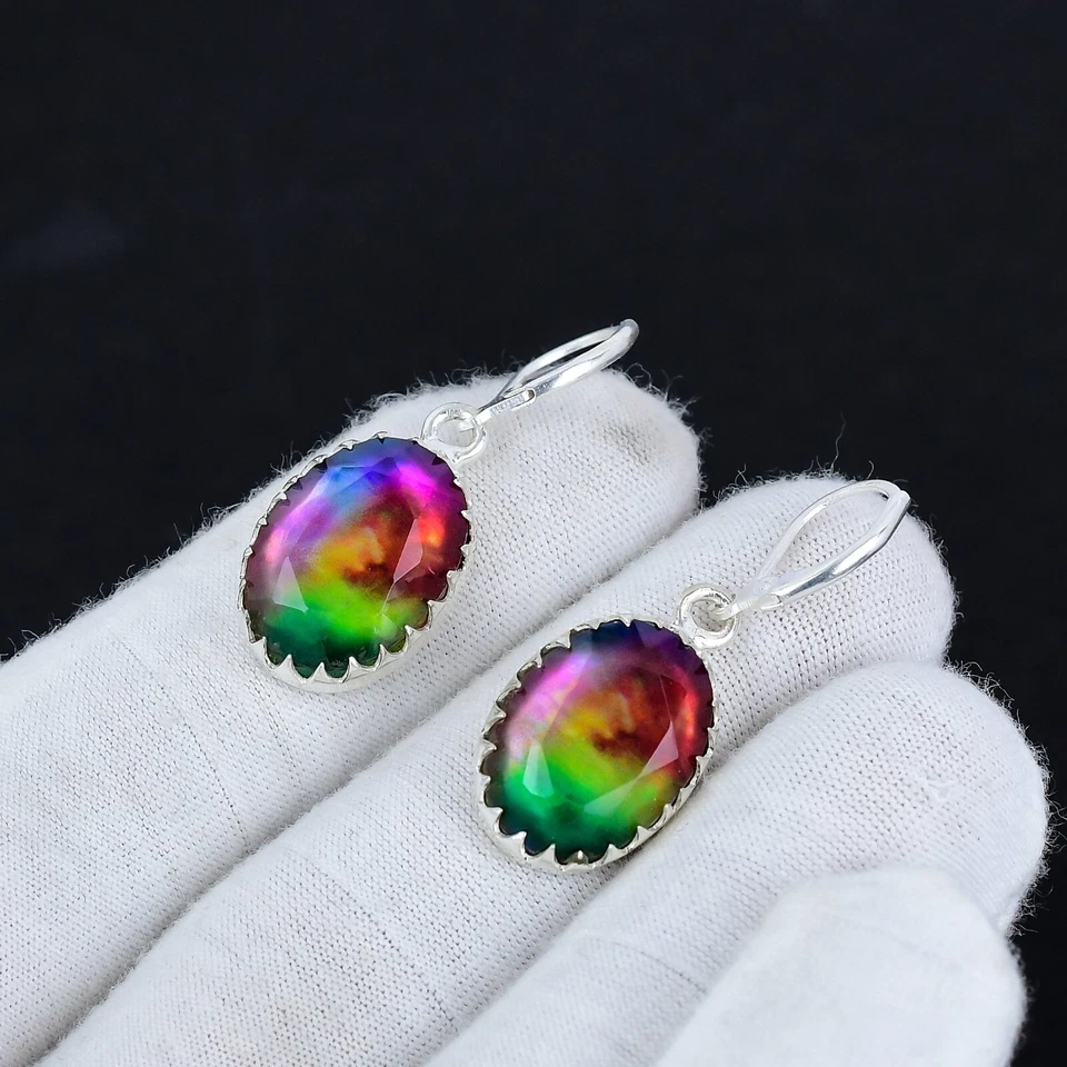 Elegant Ammolite Gemstone Handmade 925 Sterling Silver Earrings For Women Gifts - Image 3 of 4
