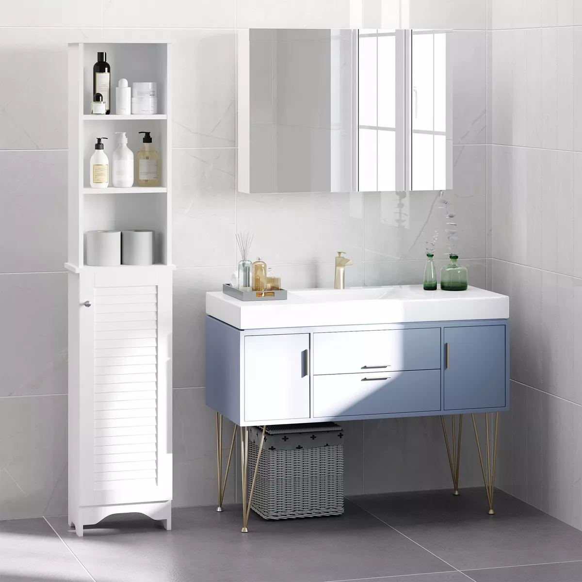 165cm Freestanding Slimline Bathroom Storage Cabinet w 6 Shelves Cupboard White