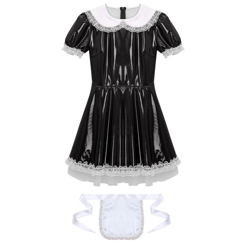Herren Sissy Maid Kleid Puffärmel Rüschen Spitze Lackleder Cosplay Kostüm - Bild 15 von 57