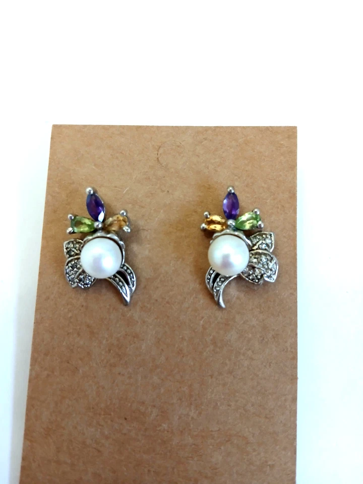 STERLNG SILVER 7MM PEARL EARRINGS WITH AMETHYST, CITRINE AND PERIDOT GEMSTONES - Image 2 of 4