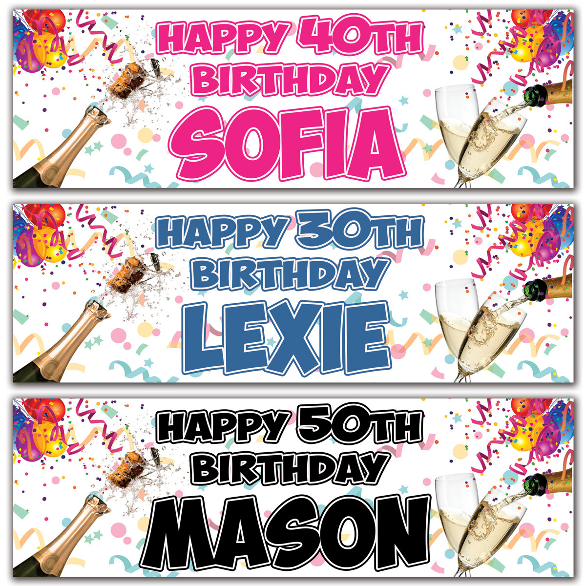2 Striscioni Di Compleanno Personalizzati Per Festa 18°, 21°, 30°, 40°, 50° – Design Champagne