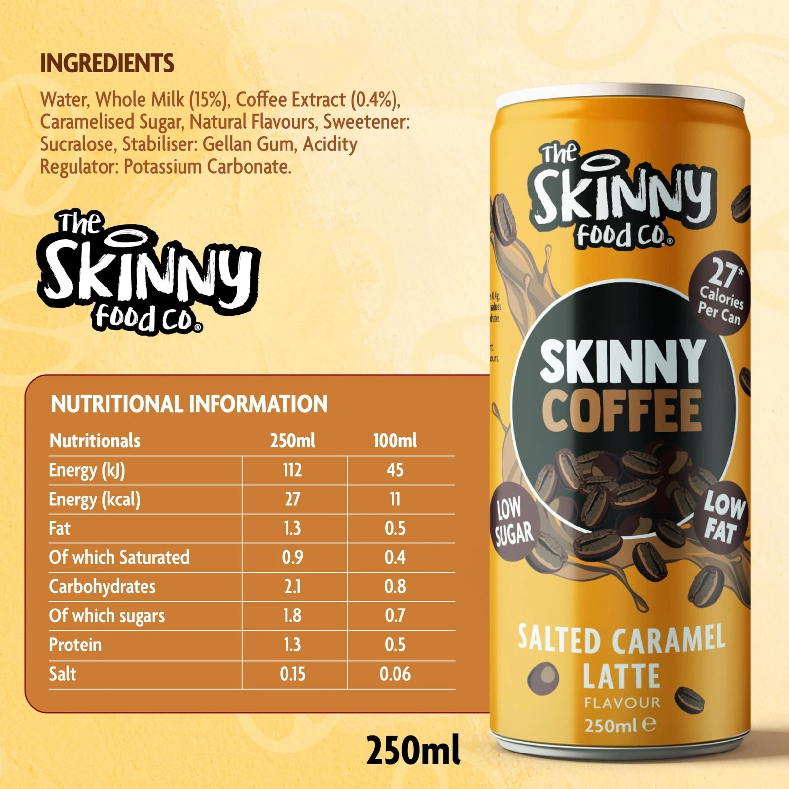 Skinny Food Co Skinny Coffee Salted Caramel Latte 12 x 250ml - Low Sugar - Picture 6 of 7