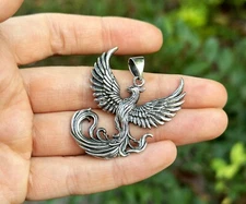 Large Phoenix Pendant 925 Sterling Silver Rebirth Resurrection Mythological Bird