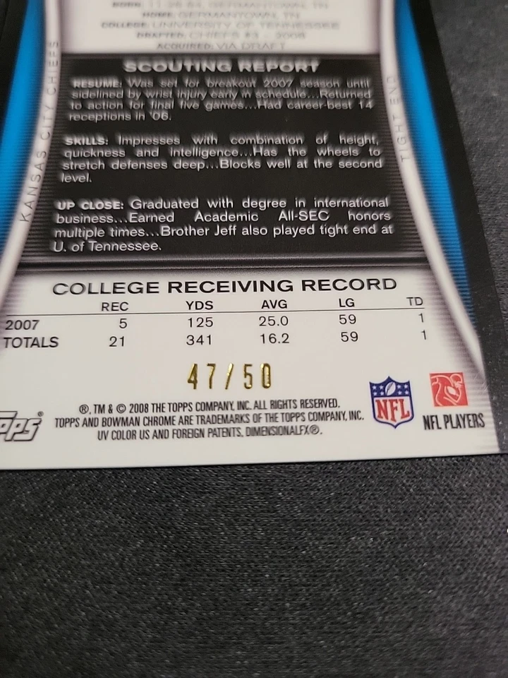 2008 Bowman Chrome Brad Cottam GOLD REFRACTOR /50 Card #BC9 Chiefs - Image 3 of 3