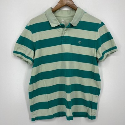 Timberland Polo Shirt Men's Size XL Green Striped Logo Cotton Short Sleeve
