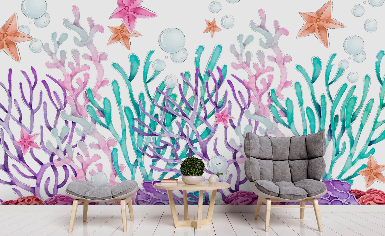 3D Coral Starfish Watercolor Wall Murals Wallpaper Murals Wall Sticker