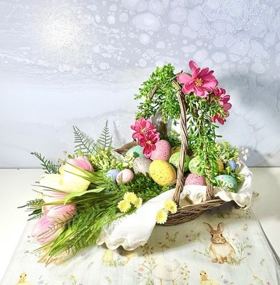 Easter Basket Centerpiece Set Eggs Tulips Bunny Cloth Spring Decor 12  