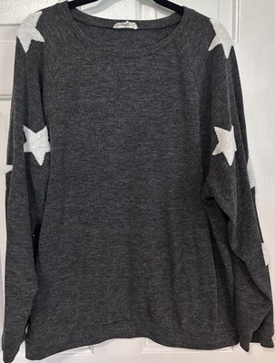 Easel Women s 1X Hacci Knit White Star Sweater Charcoal Gray Boutique Pullover