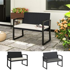 2 Seater Garden Bench, Rattan Outdoor Bench with Cushion, Steel Frame