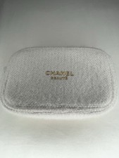 CHANEL Beaute White Textured Makeup Bag Case with Gold Zipper and CHANEL Logo