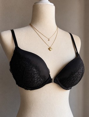 Victoria s Secret Black Lace Plunge Bra | Front Closure | Lace-Up Mesh Back | 34
