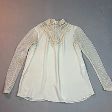 Zara Womens high neck lace beige sheer sleeve victorian style womens blouse sz M