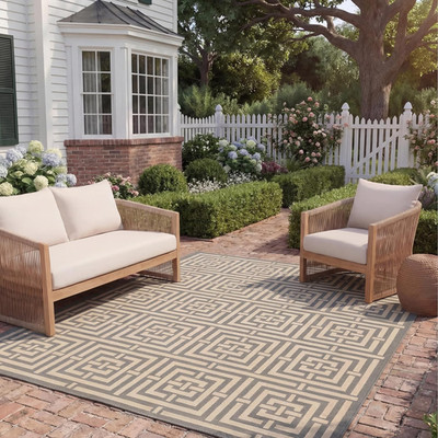 Stylish 9' x 12' Grey/Cream Waterproof Indoor/Outdoor Area Rug for Easy Cleaning