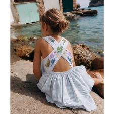 Mini Boden Embroidered Cross-Back Dress Blue Stripe Butterfly Floral 6-7 Years
