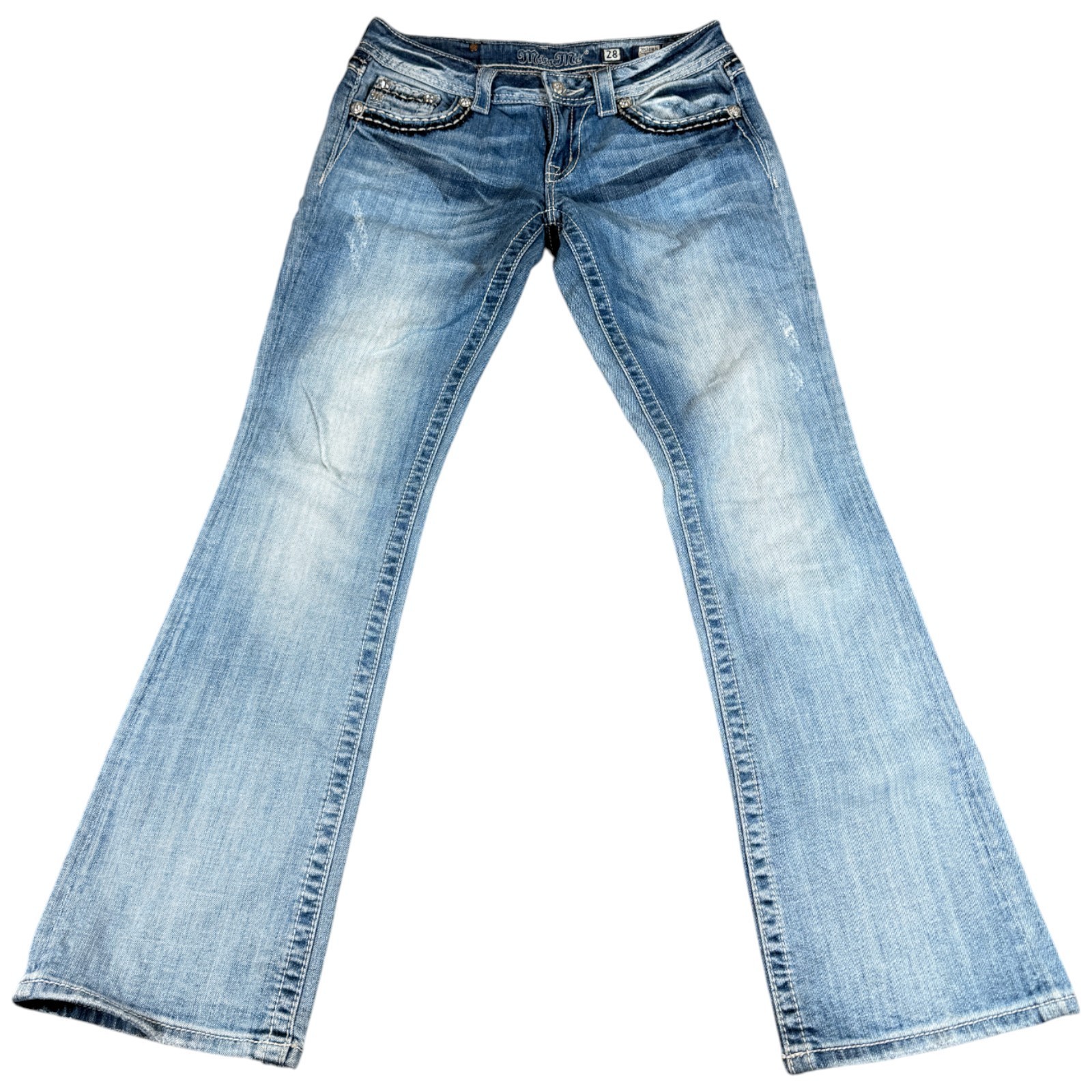 Womens 28 Blue Stretch Medium Wash Outdoor Wear Rhinestone