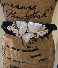 Vintage 80's Boho Belt Ornate Shells Black Rope FUNKY 50"