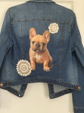 Upcycled Denim Jacket 12 Hand Sewn French Bulldog, Lace Whimsy Unique Cute OOAK