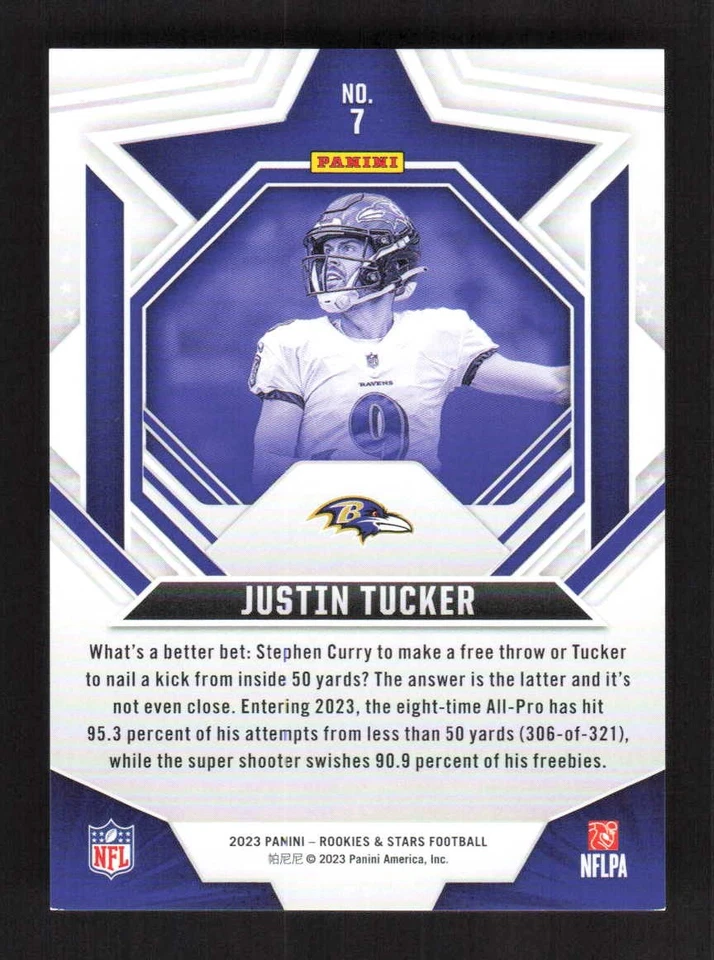 Justin Tucker 2023 Panini Rookies & Stars Purple #/199 #7 - Image 2 of 3