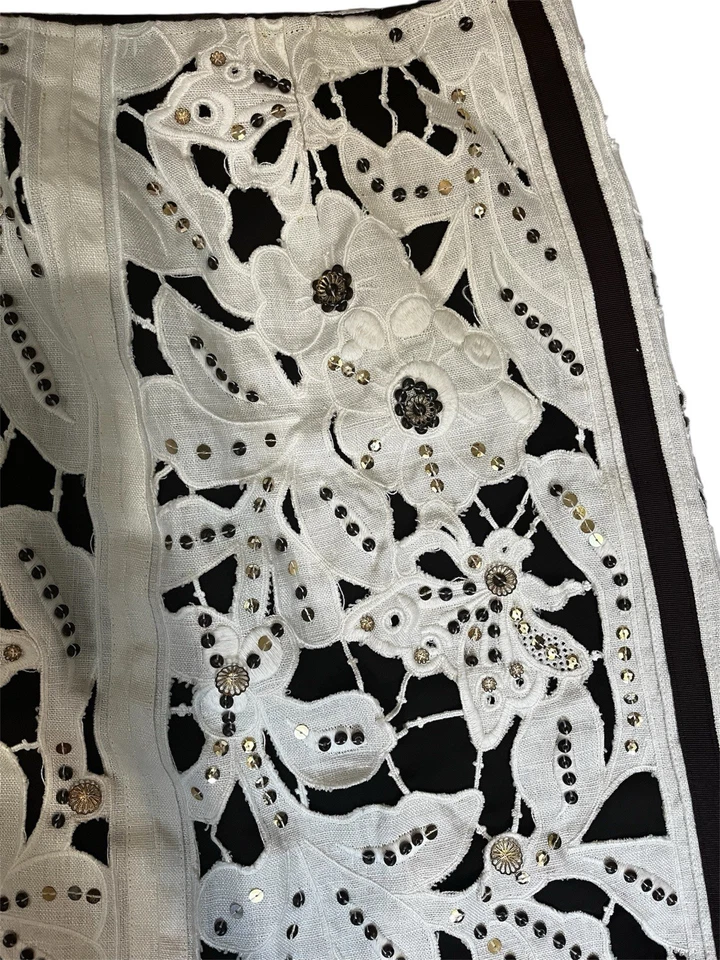 Per Se Linen Silk Brown And Cream Sequin Bedazzled Skirt Size 8 - Image 3 of 4