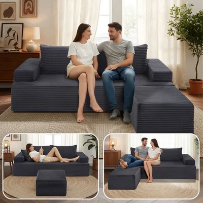 HBAID 83" Modular Sectional Sofa Cloud Couch with Movable Ottoman Comfy Boneless Sofa