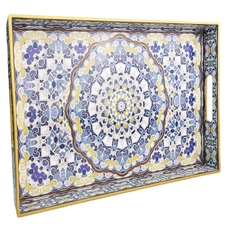 Blue Decorative Tray, Serving Tray with Handles, Plastic Large Tray for Coffe...