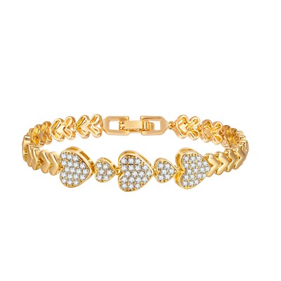 Women 18k Gold Copper AAA Cubic Zirconia Heart  Link Chain Bracelet Bangle  7.1'