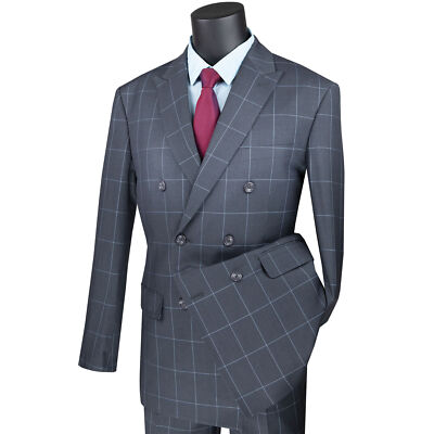 VINCI Men's Gray Windowpane Double Breasted 6-Button Modern Suit - NEW