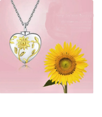 SUNFLOWER HEART ASHES CREMATION MEMORIAL Pendant 22'' 925 Sterling Silver Chain
