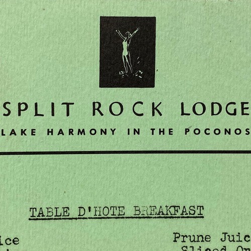 1948 Split Rock Lodge Breakfast Restaurant Menu Lake Harmony Poconos