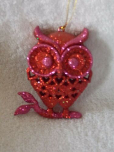 New Pink Red Glitter Owl With Hearts Christmas Ornament - Afbeelding 1 van 3