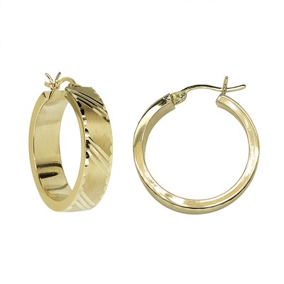 Satin Finish Diamond Cut Hoop Earrings 14K Yellow Gold